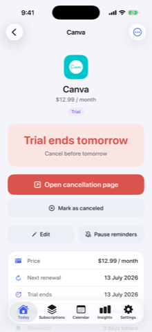 TrialBell cancel-by detail — The computed deadline and a one-tap cancellation link.