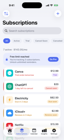 TrialBell all subscriptions — Every trial, subscription and bill in one list.