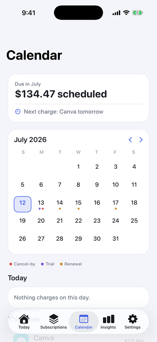 TrialBell calendar view of upcoming charges.