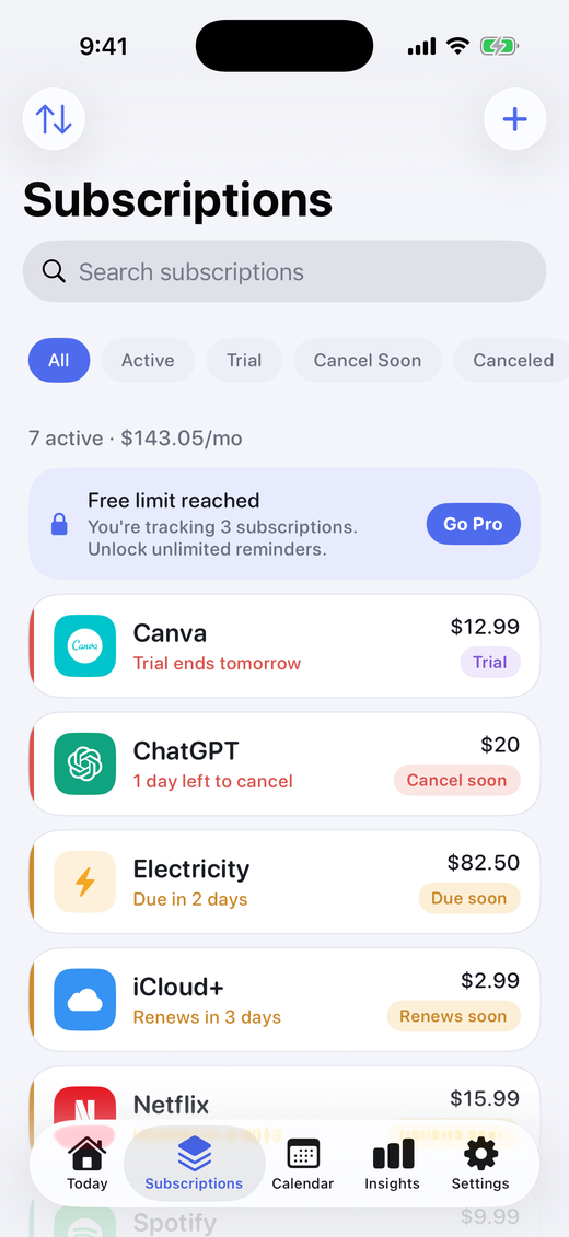 TrialBell subscriptions list with prices and renewal dates.