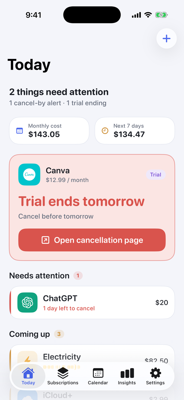 TrialBell Today screen showing a Canva free trial ending tomorrow with an Open cancellation page button, monthly cost, and upcoming charges.